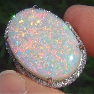 ¥ NEW HUGE OPAL DIAMOND SILVER HALO RING
